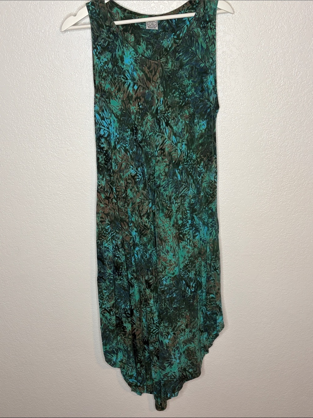 Piramide Blue Green Botanical Print Rounded Hem Midi Dress Pockets Size L/XL